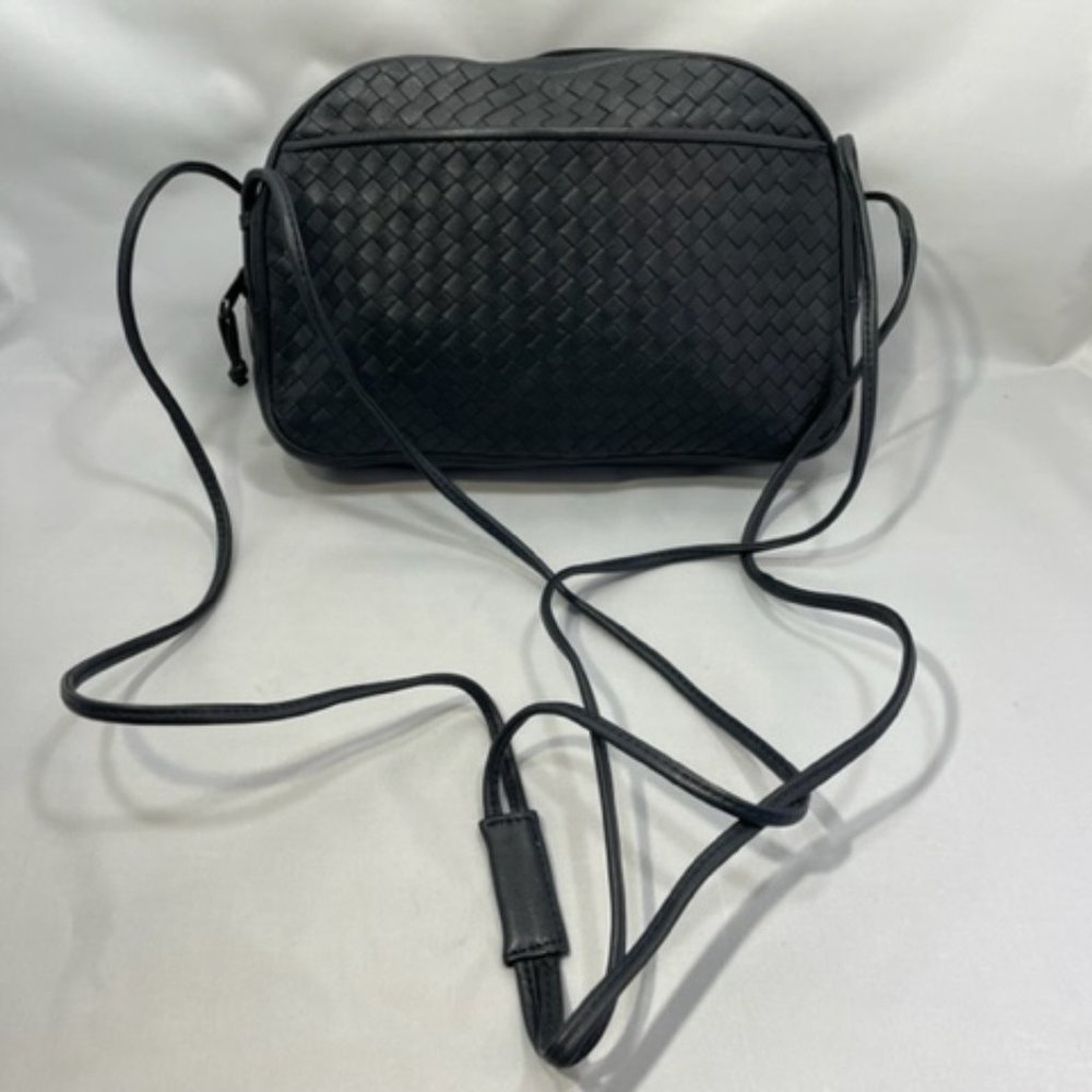 Dark Navy Woven Leather Shoulder Purse
